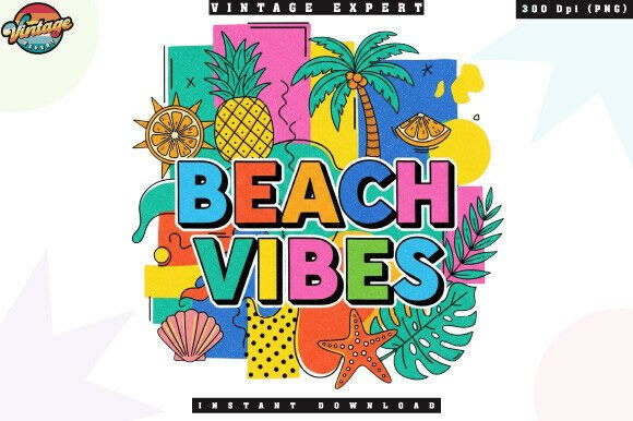 Download Beach Vibes Colorful Retro Summer PNG - Premium Resources
