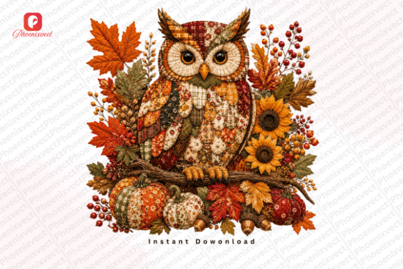 Download Patchwork Autumn Fall Woodland Owl PNG - Autumn Collection