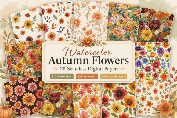 Download Watercolor Autumn Flowers Digital Paper - Autumn Collection